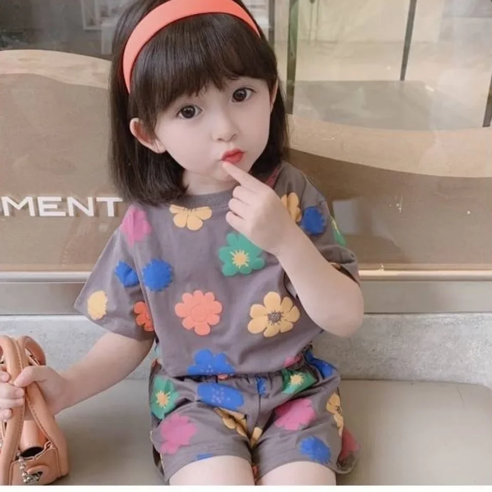 Baby Girls Flower Print Clothes Set Summer Crew Neck T-shirts and Shorts Suit Children Fashion Top Bottom 2pcs Outfits Tracksuit