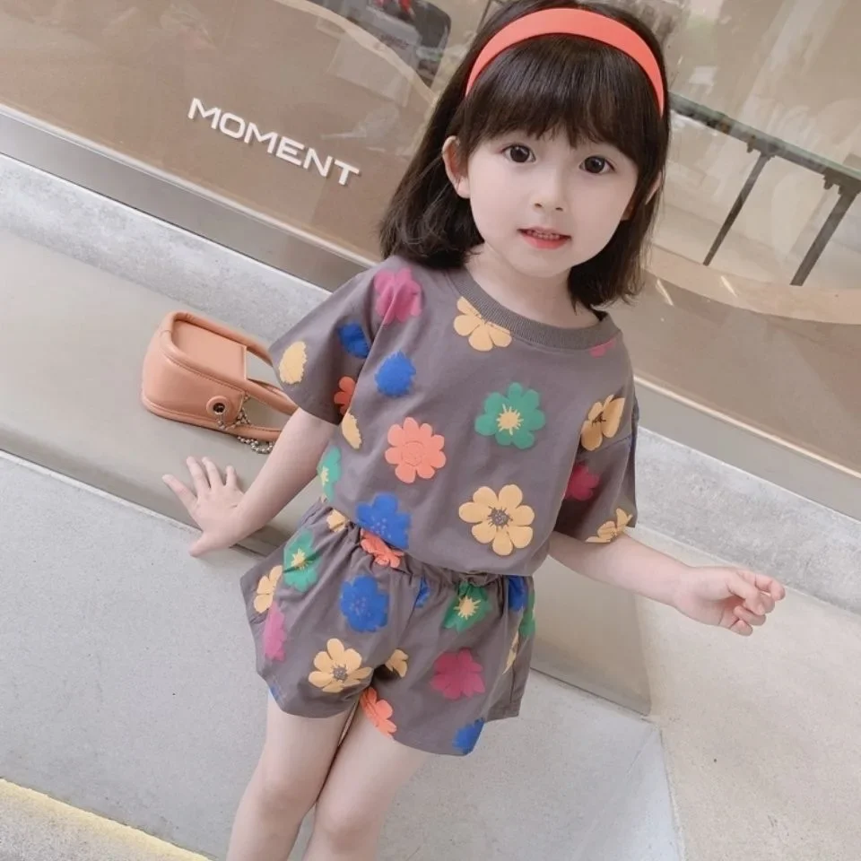 Baby Girls Flower Print Clothes Set Summer Crew Neck T-shirts and Shorts Suit Children Fashion Top Bottom 2pcs Outfits Tracksuit