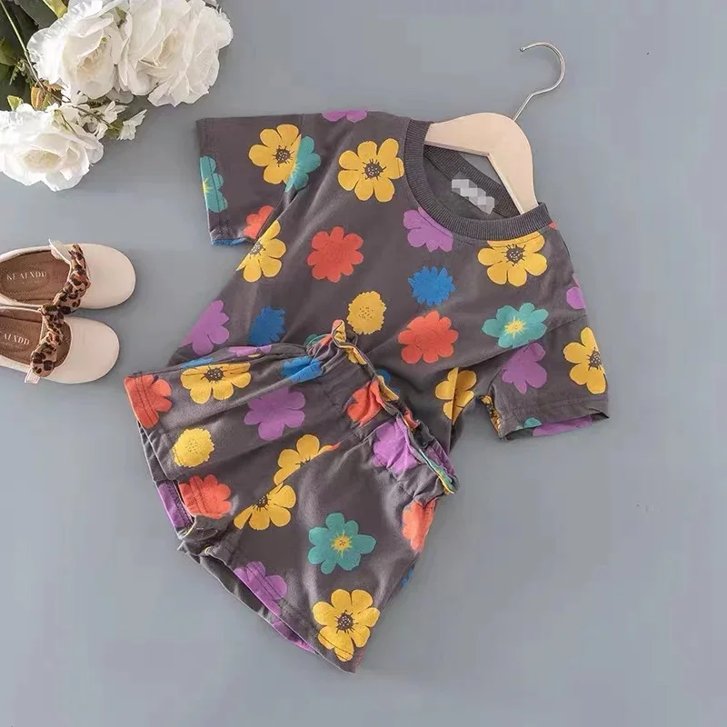 Baby Girls Flower Print Clothes Set Summer Crew Neck T-shirts and Shorts Suit Children Fashion Top Bottom 2pcs Outfits Tracksuit