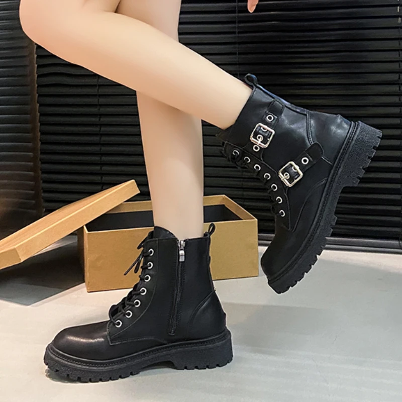 New Round Toe Fashionable Side Zipper Motorcycle Shoes Solid Color Elegant Warm Casual Lace-up Non-slip Women's Boots