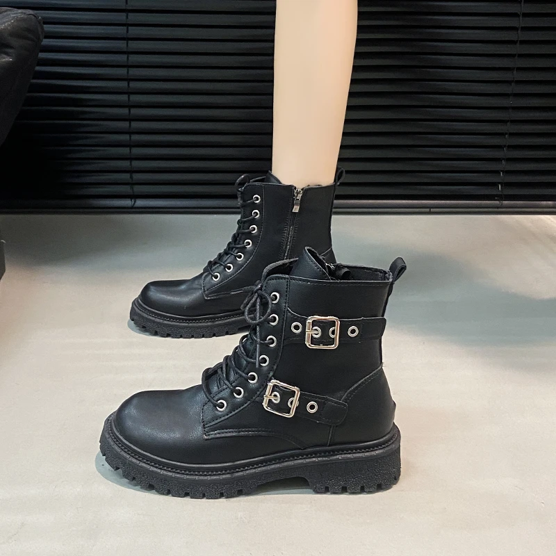 New Round Toe Fashionable Side Zipper Motorcycle Shoes Solid Color Elegant Warm Casual Lace-up Non-slip Women's Boots