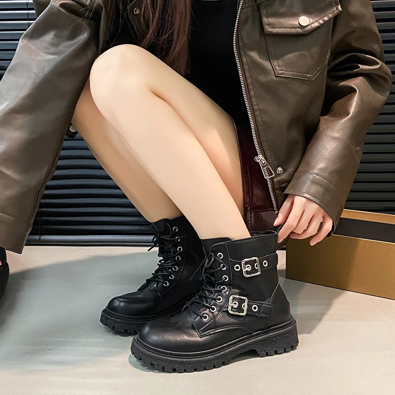 New Round Toe Fashionable Side Zipper Motorcycle Shoes Solid Color Elegant Warm Casual Lace-up Non-slip Women's Boots