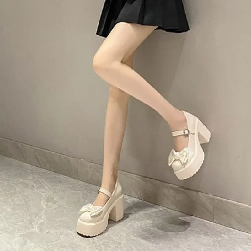 Summer/Autumn Fashion New Solid Color Bow Banquet Elegant Thick-soled Buckle Round-toe Wear-resistant Women's High Heels