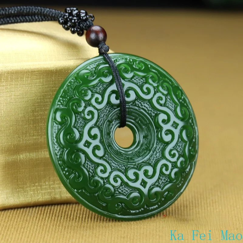 Genuine Natural Jade Pendant Green Circle Hand-polished Double-sided Carving Men and Women Lovers Models Charm Jewelry Necklace