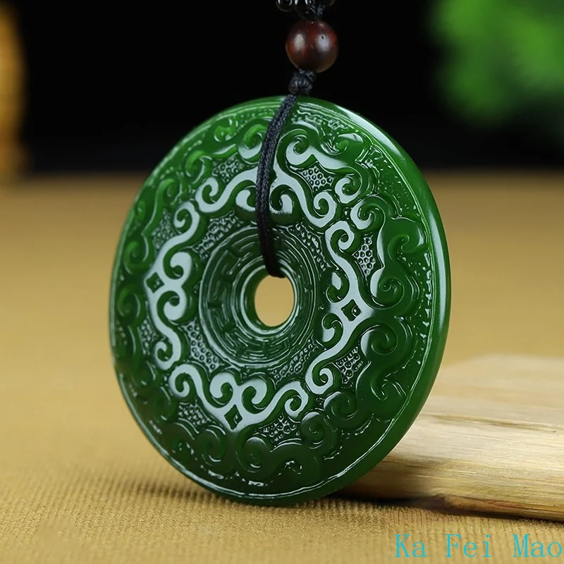 Genuine Natural Jade Pendant Green Circle Hand-polished Double-sided Carving Men and Women Lovers Models Charm Jewelry Necklace