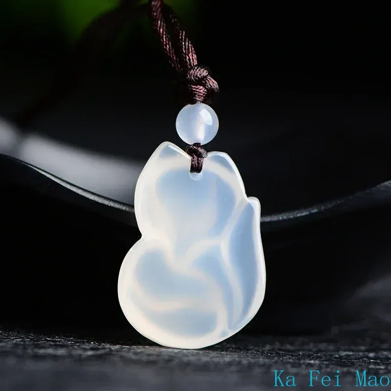 Jade Fox Necklace Pendant Natural Green White Chalcedony Chinese Fashion Charm Jewelry Carved Amulet Gifts for Women Men