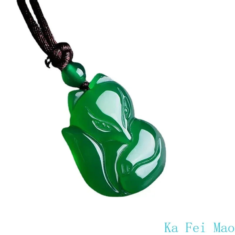 Jade Fox Necklace Pendant Natural Green White Chalcedony Chinese Fashion Charm Jewelry Carved Amulet Gifts for Women Men