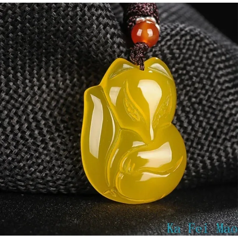 Jade Fox Necklace Pendant Natural Green White Chalcedony Chinese Fashion Charm Jewelry Carved Amulet Gifts for Women Men