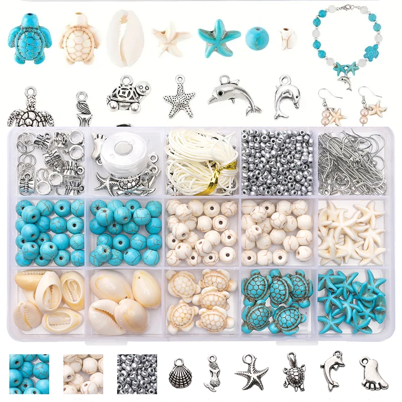 715Pcs Ocean Inspired Jewelry Making Set, Combining Turquoise And Starfish Charm Jewelry, Including Alloy Marine Life Bead Penda