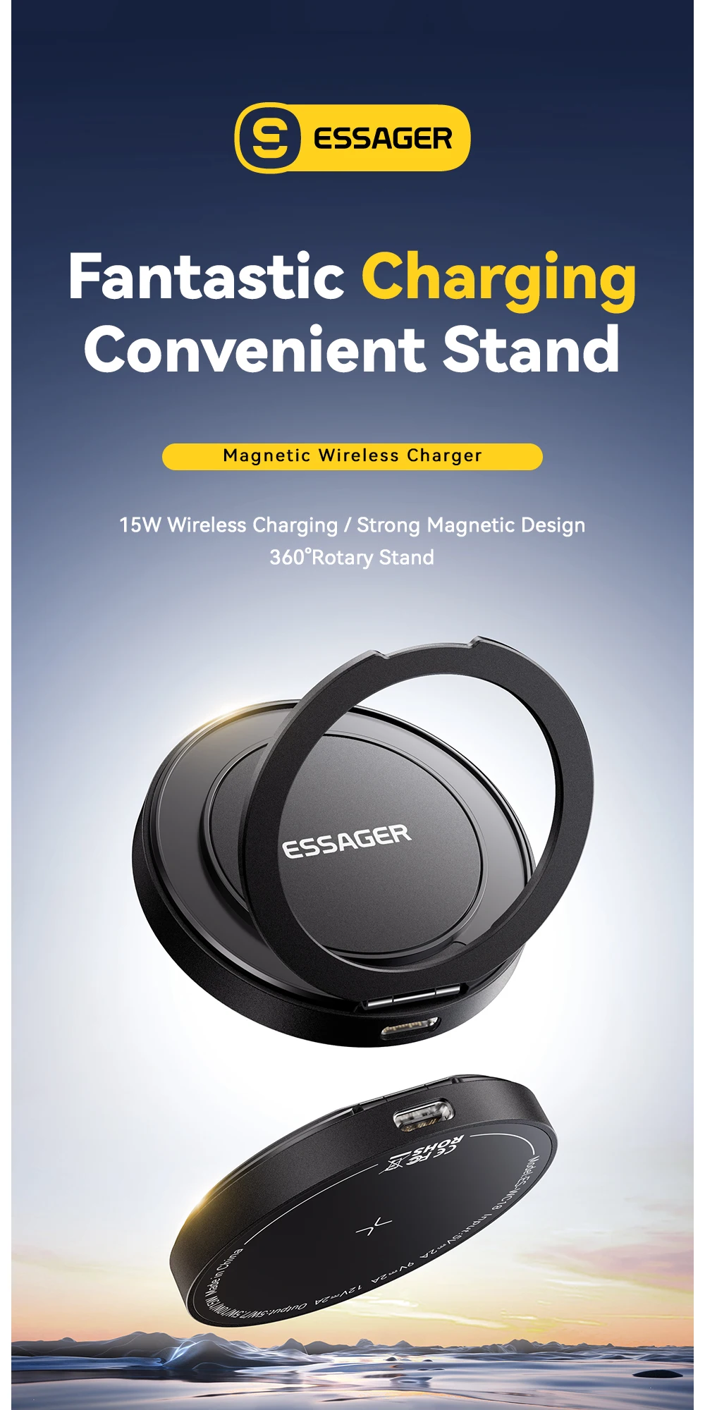 Essager Magnetic Wireless Charger With Holder 15W Fast Charging For IPhone17 16 15 14Pro Max Airpods Mini Wireless Phone Charger