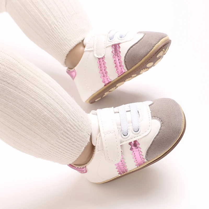 Infant Toddler Casual Sneakers - Fashion Minimalist Stripe Pattern, Non-Slip Rubber Sole Soft Fabric Insole Low Top PU Upper Dai