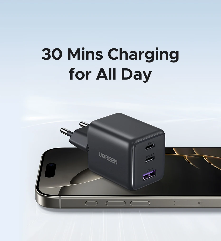 UGREEN 30W GaN Charger 3 Ports PD 3.0 USB C Charger For iPhone 16 15 14 Pro Max Samsung S25 Xiaomi Tablet iPad Air Phone Charger