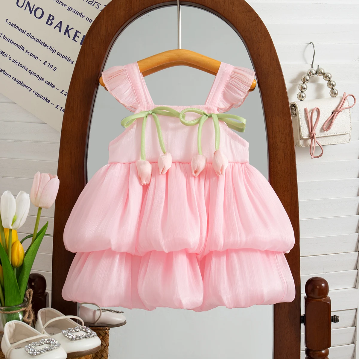 Summer New Pink Tulip Baby Girl Dress, Sweet Princess Style Wedding Party Children'S Sleeveless Clothes (9 Months -3 Years Old)