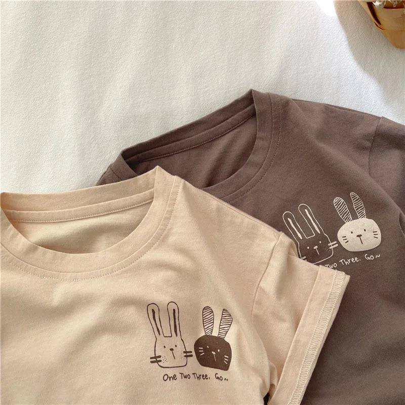 2025 Summer New Arrivals Children's Short Sleeve T-Shirts Pure Cotton 2-7Y Cartoon Bunny T Shirt Boys and Girls Looe Casual Tops
