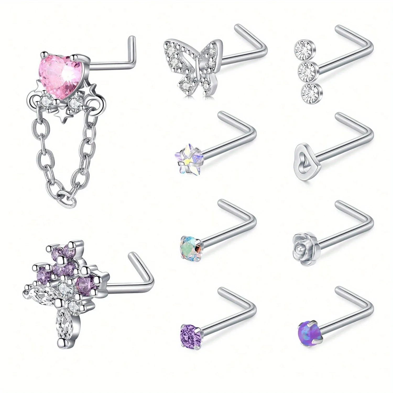10pcs 20G 7mm Nose Stud Set, 304 Stainless Steel Nostril Jewelry, Elegant Cute Nose Screw Hoop Rings, Synthetic Zirconia