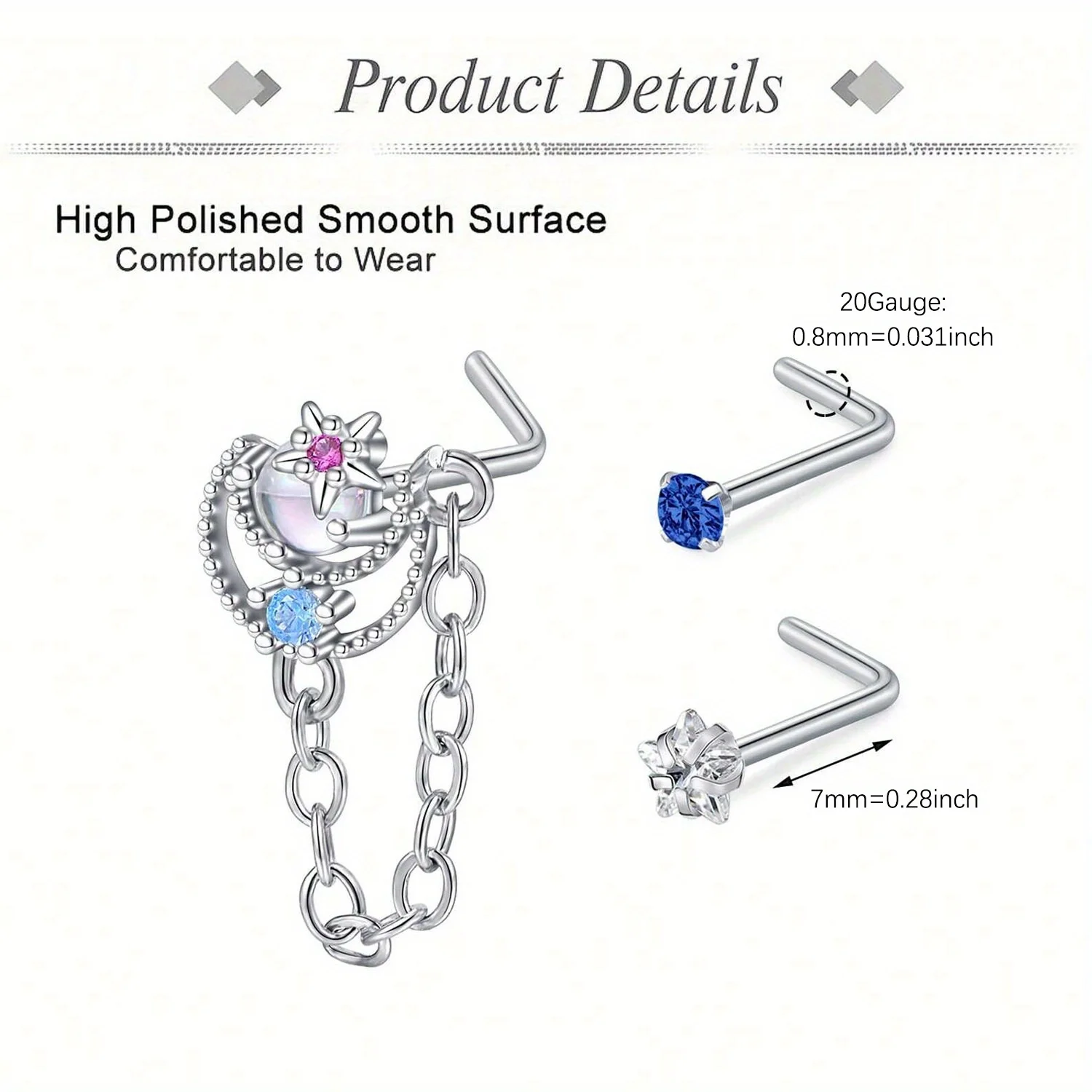 10pcs 20G 7mm Nose Stud Set, 304 Stainless Steel Nostril Jewelry, Elegant Cute Nose Screw Hoop Rings, Synthetic Zirconia