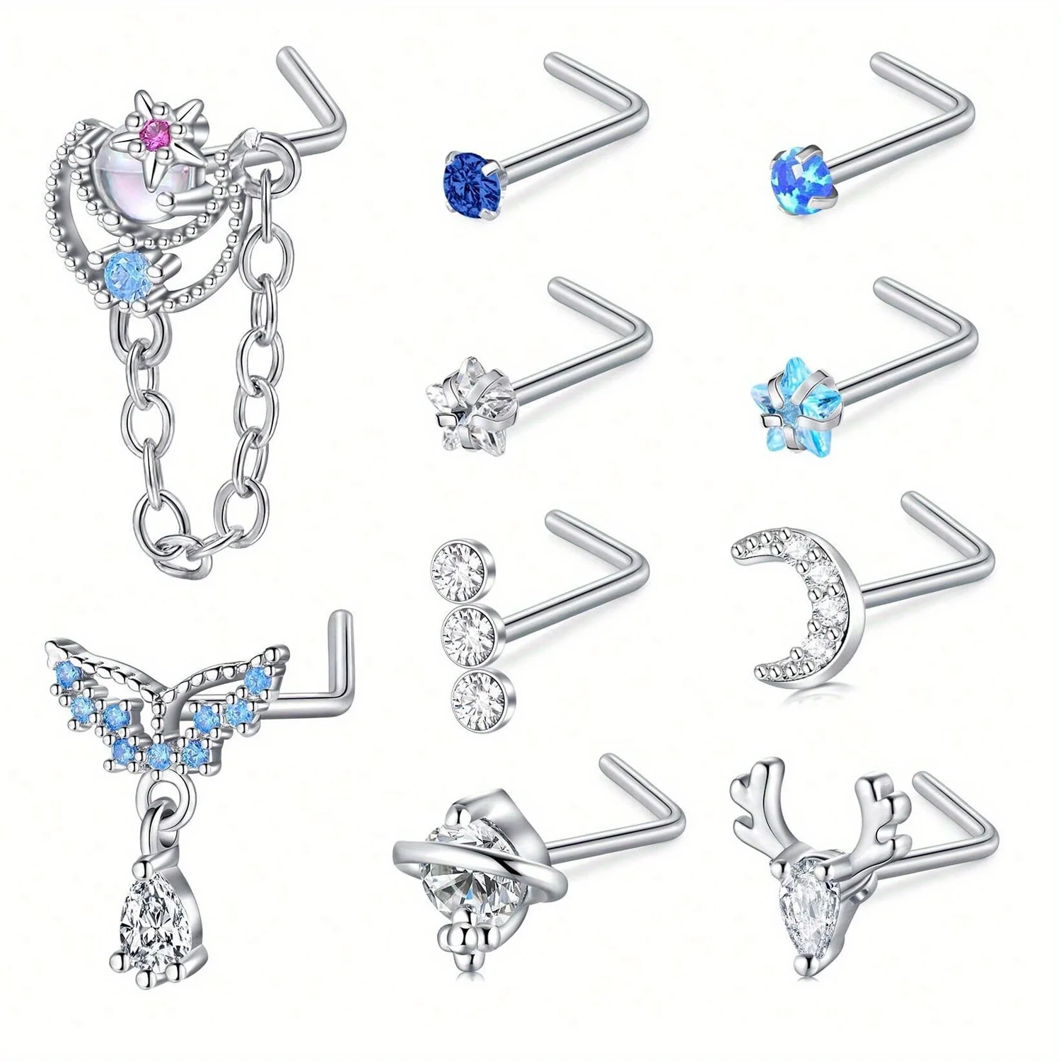 10pcs 20G 7mm Nose Stud Set, 304 Stainless Steel Nostril Jewelry, Elegant Cute Nose Screw Hoop Rings, Synthetic Zirconia