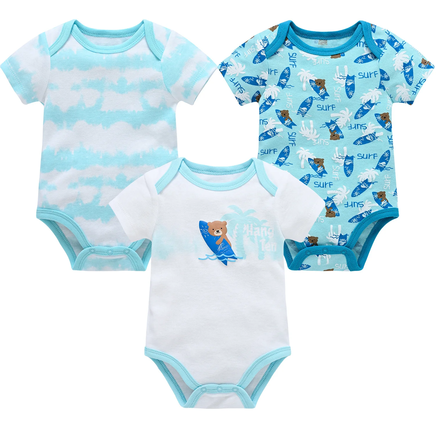 New Baby Boy Clothes Summer 100%Cotton Blue Grey Tie Print Three Piece Short Sleeve Bodysuit Pants Vetements Bebe For 0-12M