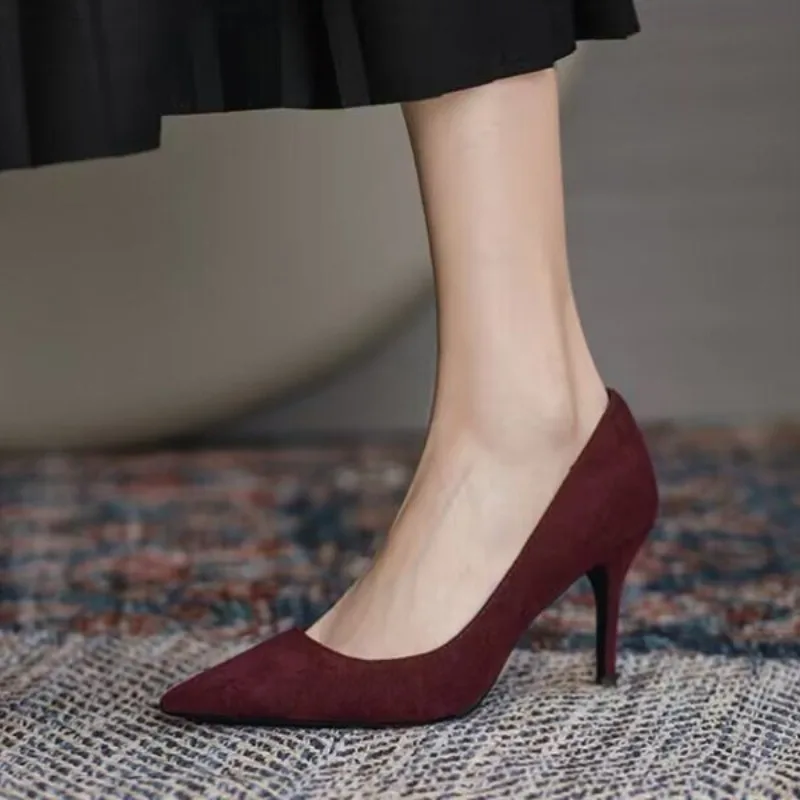 Women High Heel Shoes Sharp Thin Heel High-heeled Pumps Shoes Big Size 42 New Pointed Suede Red Blue Women's Single Shoes