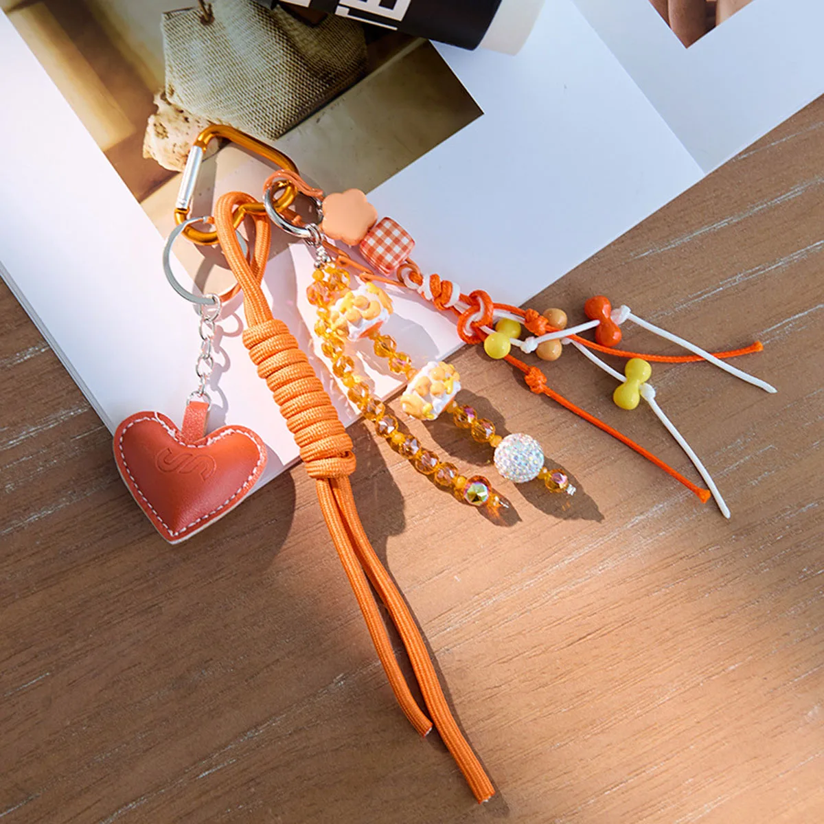 Orange Heart Bow Braided Rope Keychain Charm Pendant Keyring Simple All-matching Bag Decoration Jewelry Accessories