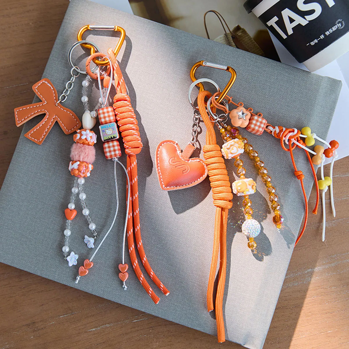 Orange Heart Bow Braided Rope Keychain Charm Pendant Keyring Simple All-matching Bag Decoration Jewelry Accessories