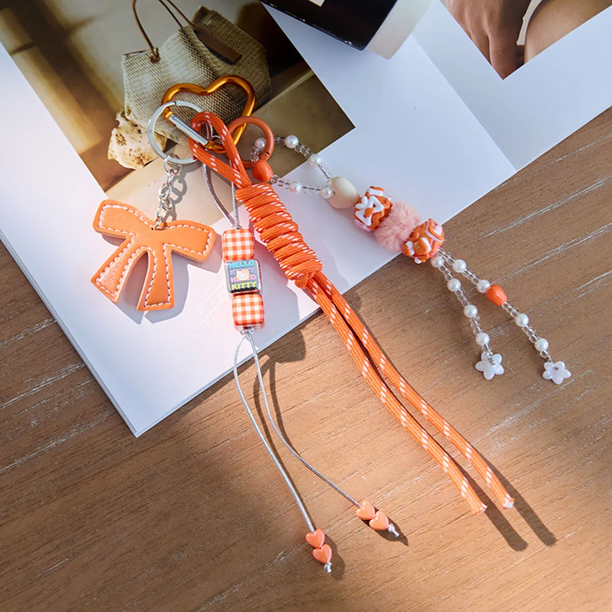 Orange Heart Bow Braided Rope Keychain Charm Pendant Keyring Simple All-matching Bag Decoration Jewelry Accessories