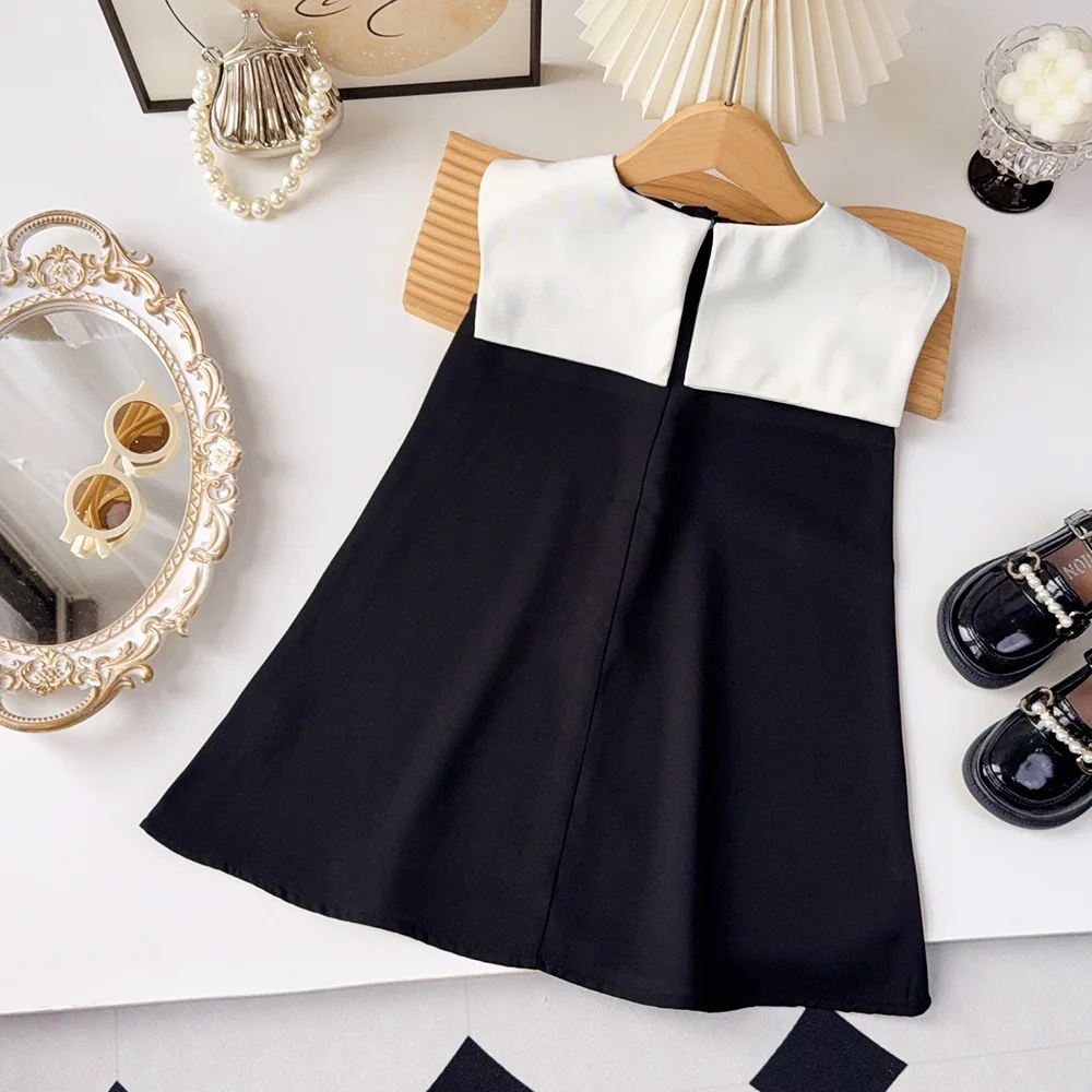 Korean Version Black Sleeveless Kids Clothes Summer New Bow Decoration Girls Dress Birthday Party Princess Dresses 2-7 Years Old