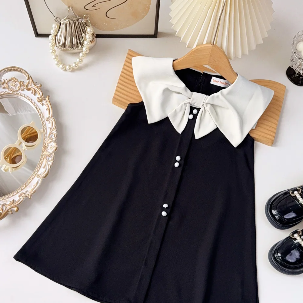 Korean Version Black Sleeveless Kids Clothes Summer New Bow Decoration Girls Dress Birthday Party Princess Dresses 2-7 Years Old