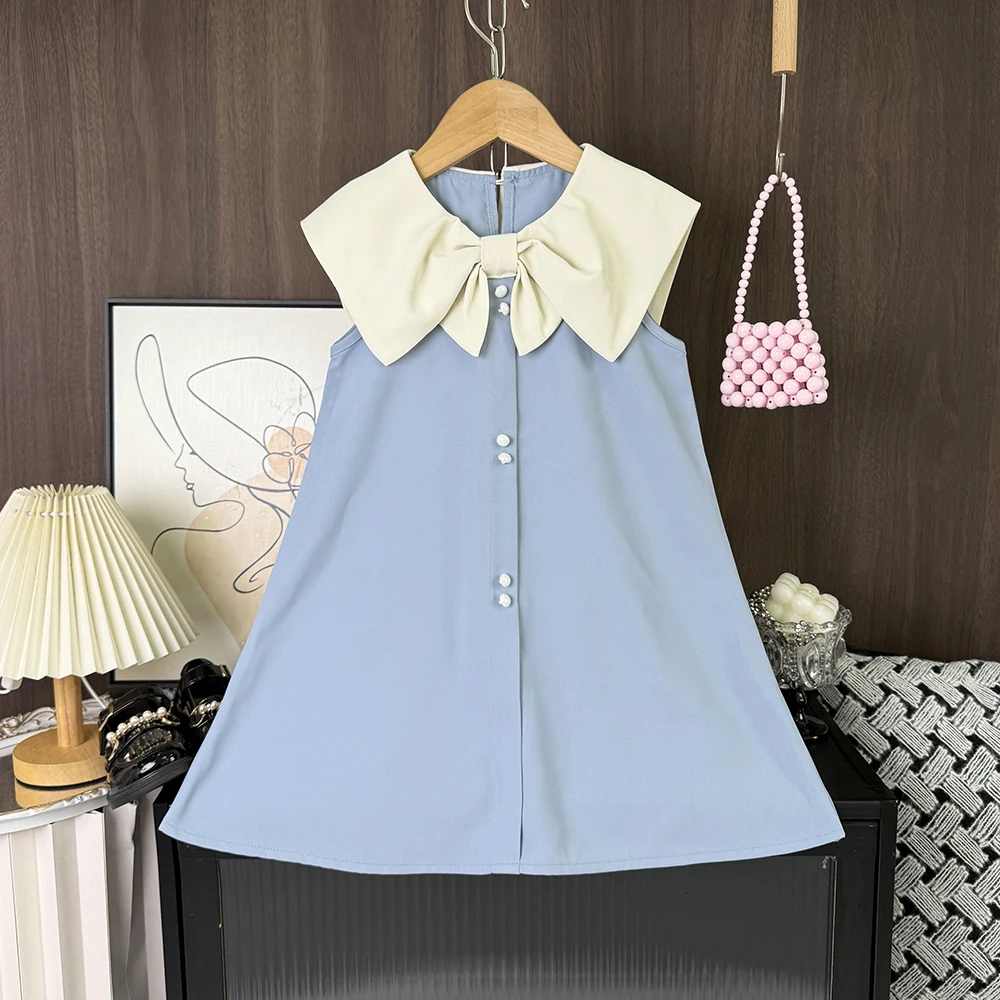 Korean Version Black Sleeveless Kids Clothes Summer New Bow Decoration Girls Dress Birthday Party Princess Dresses 2-7 Years Old