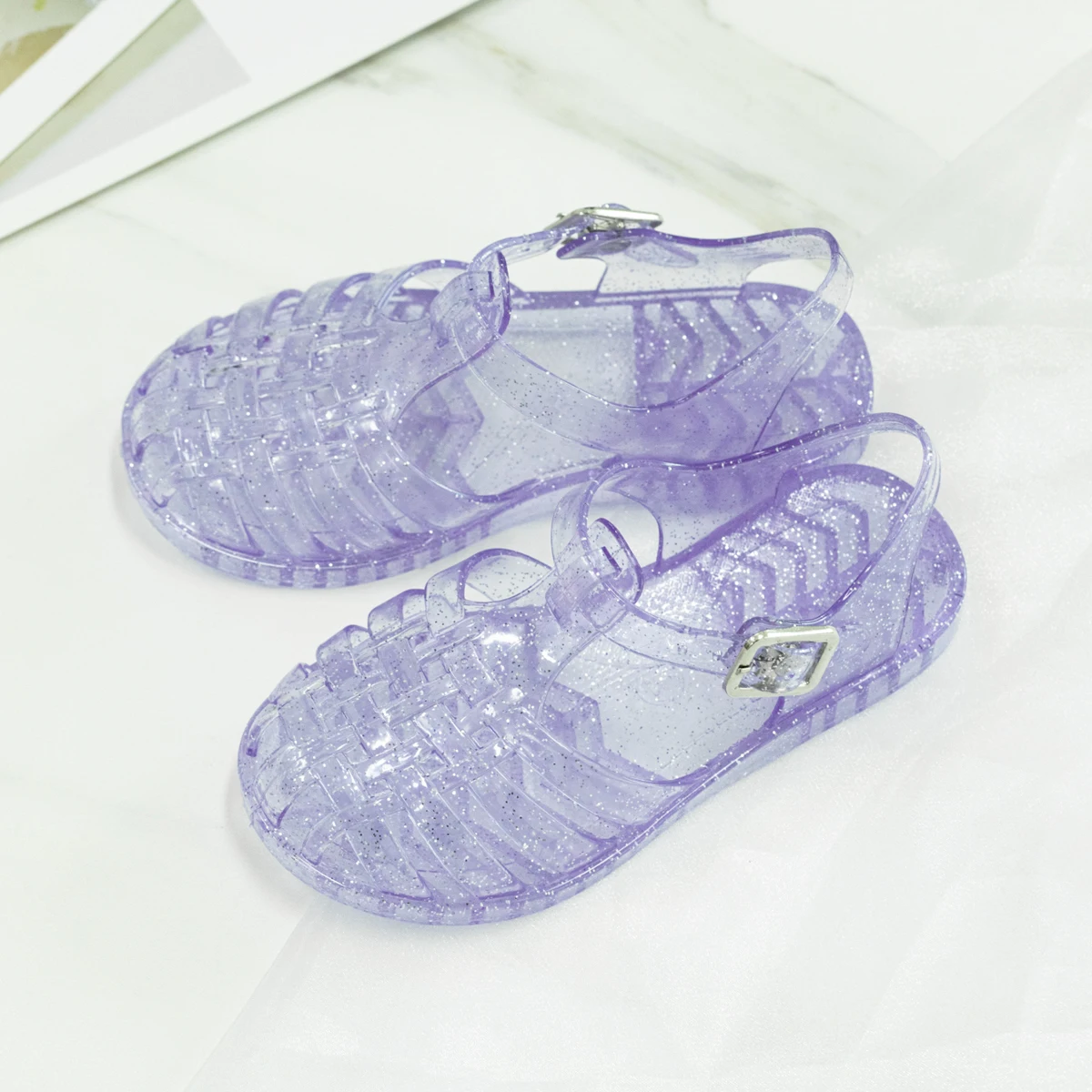 Summer Breathable Fashion Cartoon Print Cool Fine Glitter Sequins Jelly Shoes Adjustable PVC Girls Sandals