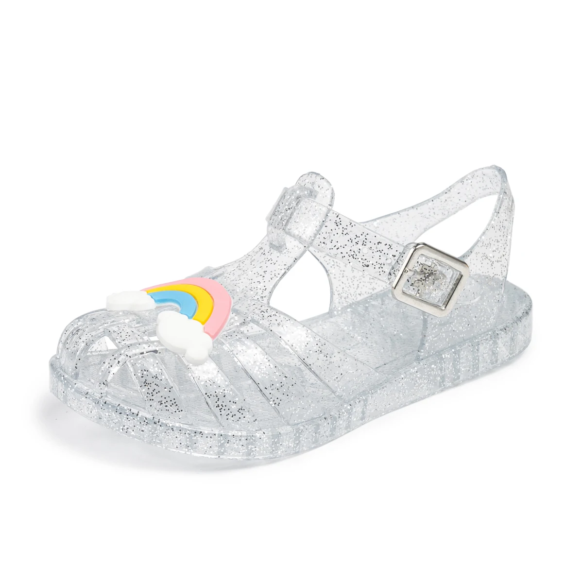 Summer Breathable Fashion Cartoon Print Cool Fine Glitter Sequins Jelly Shoes Adjustable PVC Girls Sandals