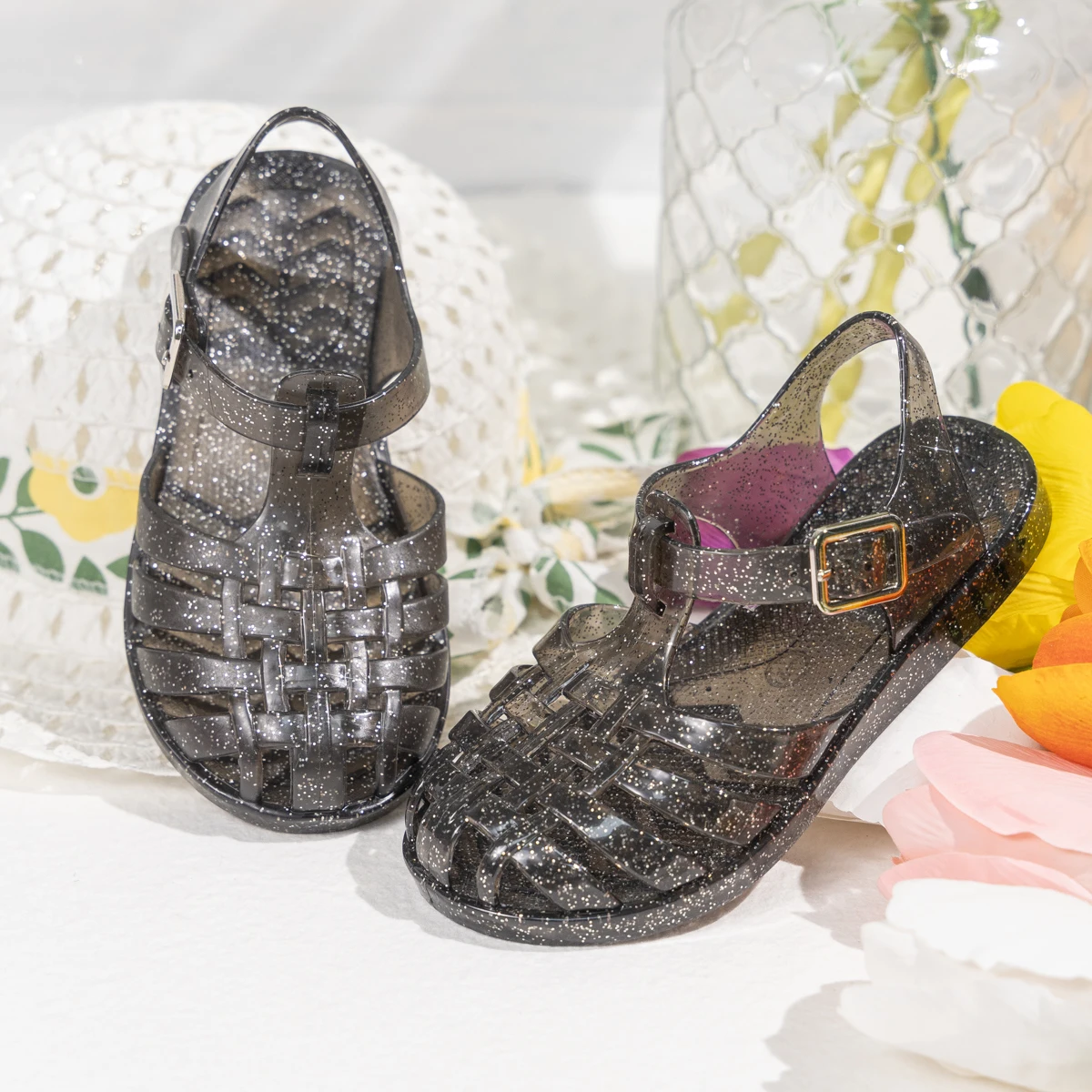 Summer Breathable Fashion Cartoon Print Cool Fine Glitter Sequins Jelly Shoes Adjustable PVC Girls Sandals