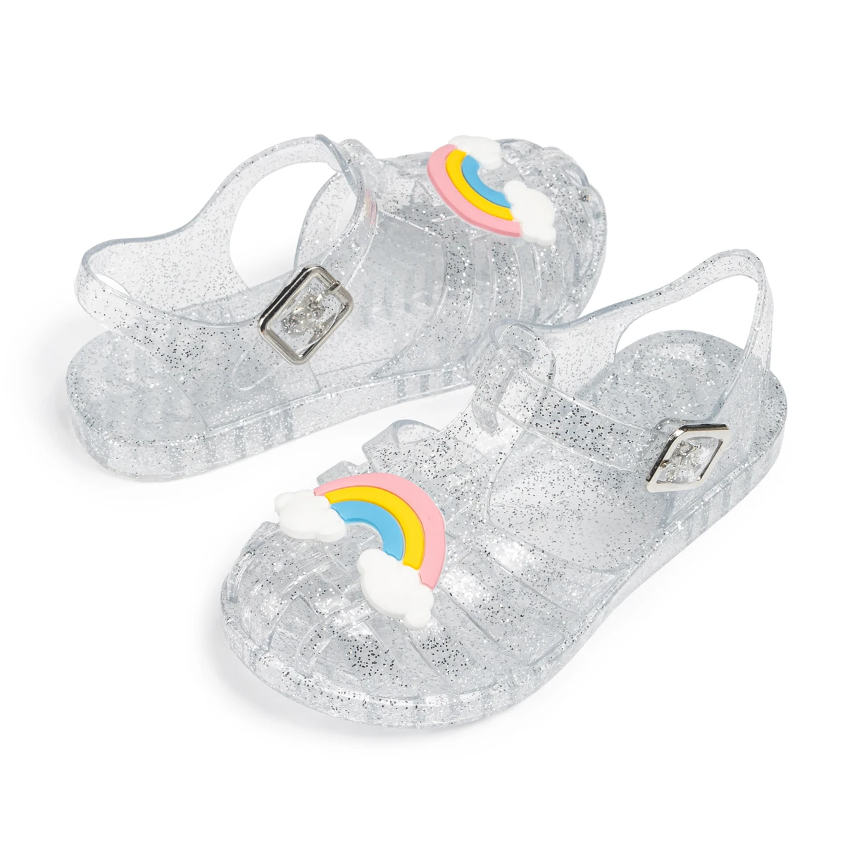 Summer Breathable Fashion Cartoon Print Cool Fine Glitter Sequins Jelly Shoes Adjustable PVC Girls Sandals