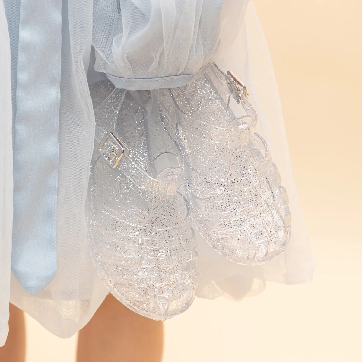 Summer Breathable Fashion Cartoon Print Cool Fine Glitter Sequins Jelly Shoes Adjustable PVC Girls Sandals