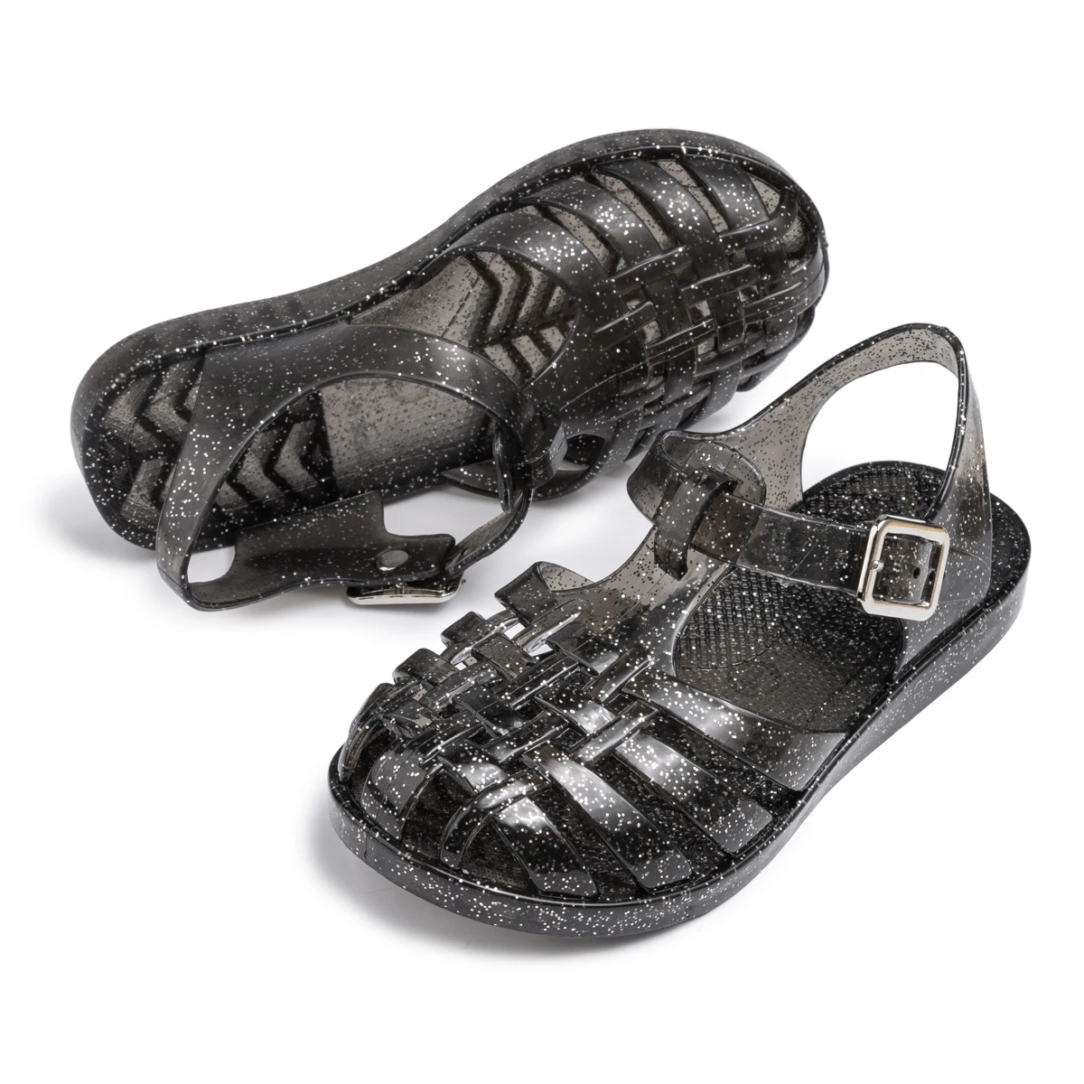 Summer Breathable Fashion Cartoon Print Cool Fine Glitter Sequins Jelly Shoes Adjustable PVC Girls Sandals