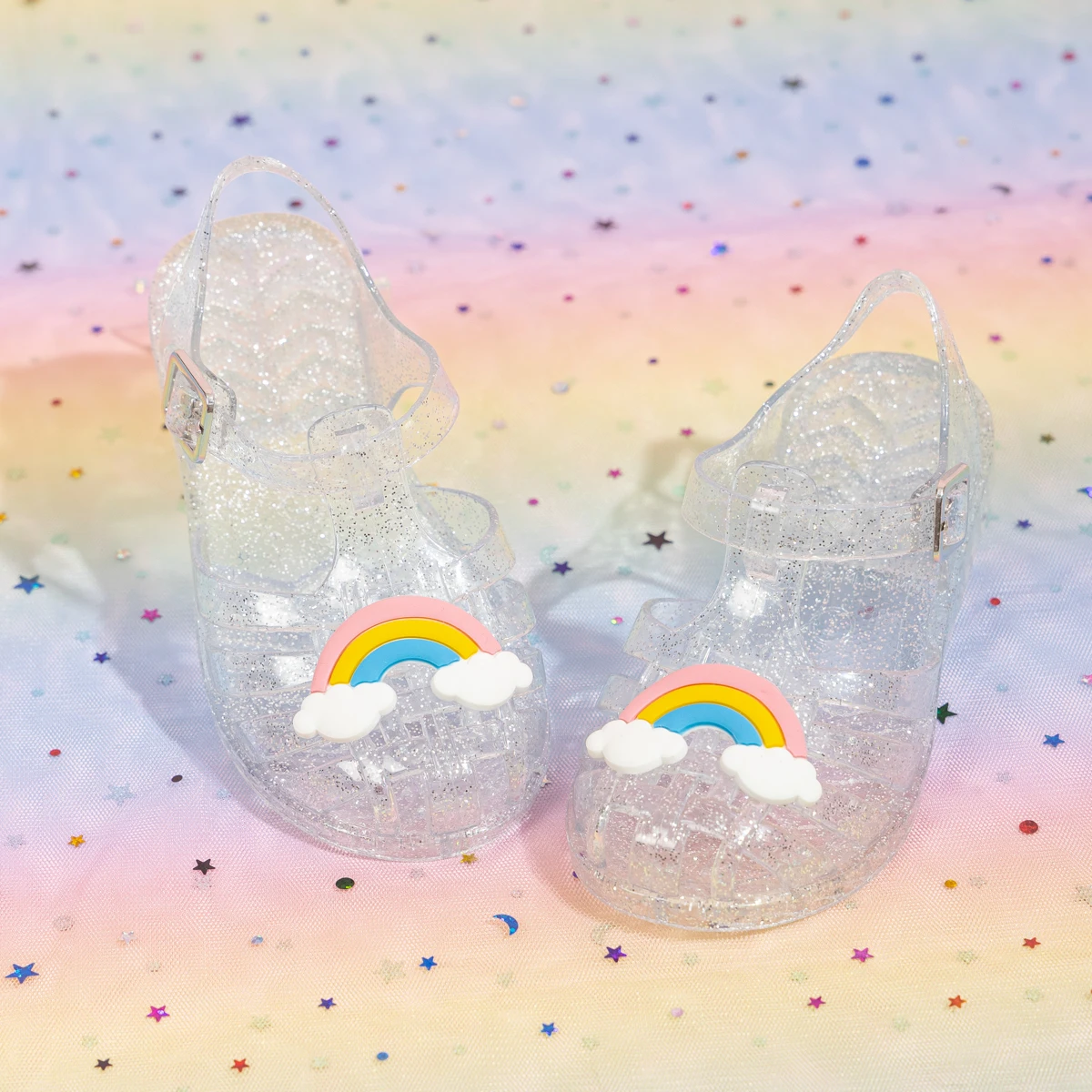Summer Breathable Fashion Cartoon Print Cool Fine Glitter Sequins Jelly Shoes Adjustable PVC Girls Sandals