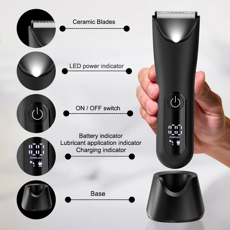 Groin & Body Hair Trimmer for Men, Electric Ball Pubic Trimmer Shaver with Charge Base ,Replaceable Ceramic Blade Heads, Wet/Dry