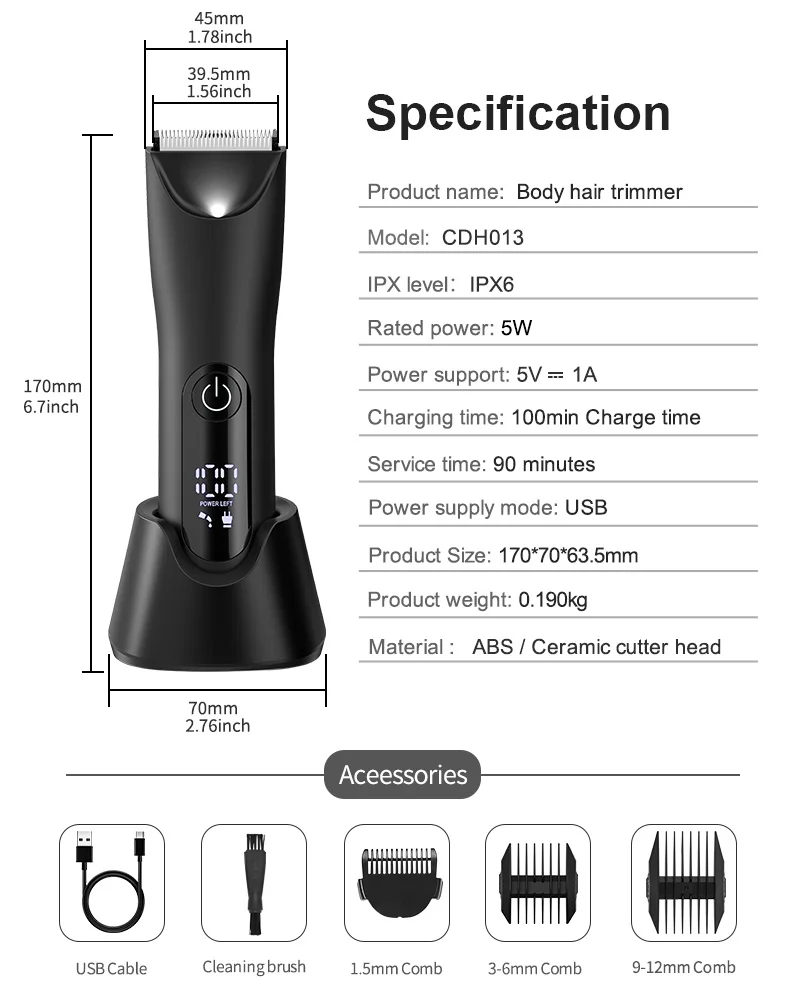 Groin & Body Hair Trimmer for Men, Electric Ball Pubic Trimmer Shaver with Charge Base ,Replaceable Ceramic Blade Heads, Wet/Dry