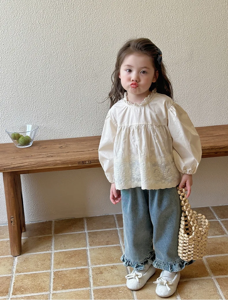 Kids Jeans Girls New 2025 Spring Autumn Children Fashion Casual Wide-leg Pants Ruffled Trousers Princess Sweet and Lovely