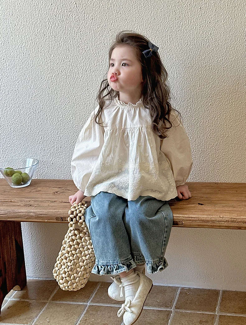 Kids Jeans Girls New 2025 Spring Autumn Children Fashion Casual Wide-leg Pants Ruffled Trousers Princess Sweet and Lovely