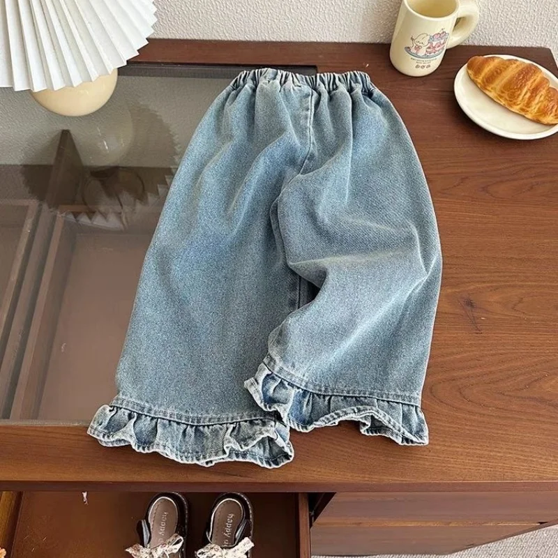 Kids Jeans Girls New 2025 Spring Autumn Children Fashion Casual Wide-leg Pants Ruffled Trousers Princess Sweet and Lovely