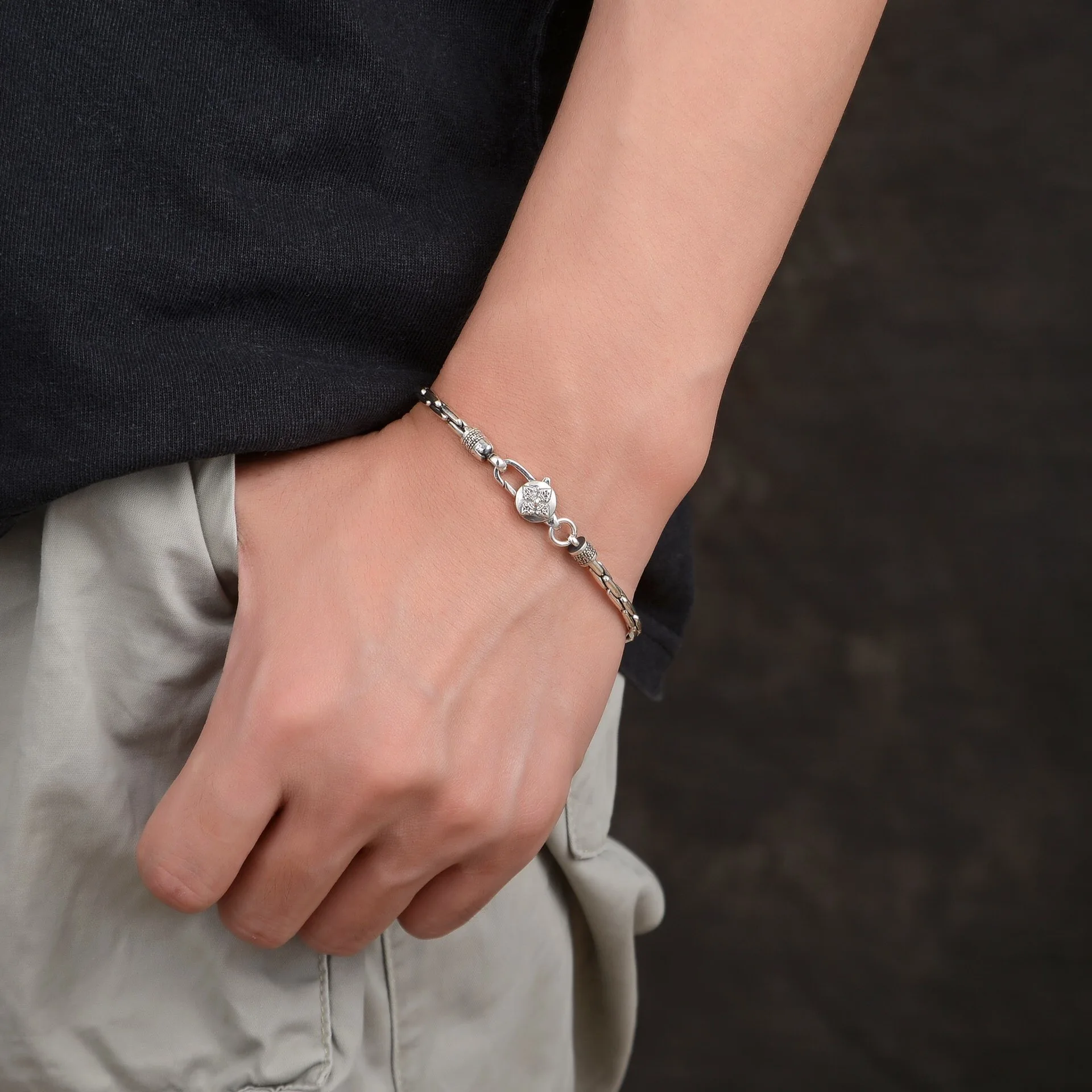 S925 Sterling Silver Creativity Bracelet Male Vajra Six-Character Mantra Bracelet Small Simple and Personalized Jewelry Gift