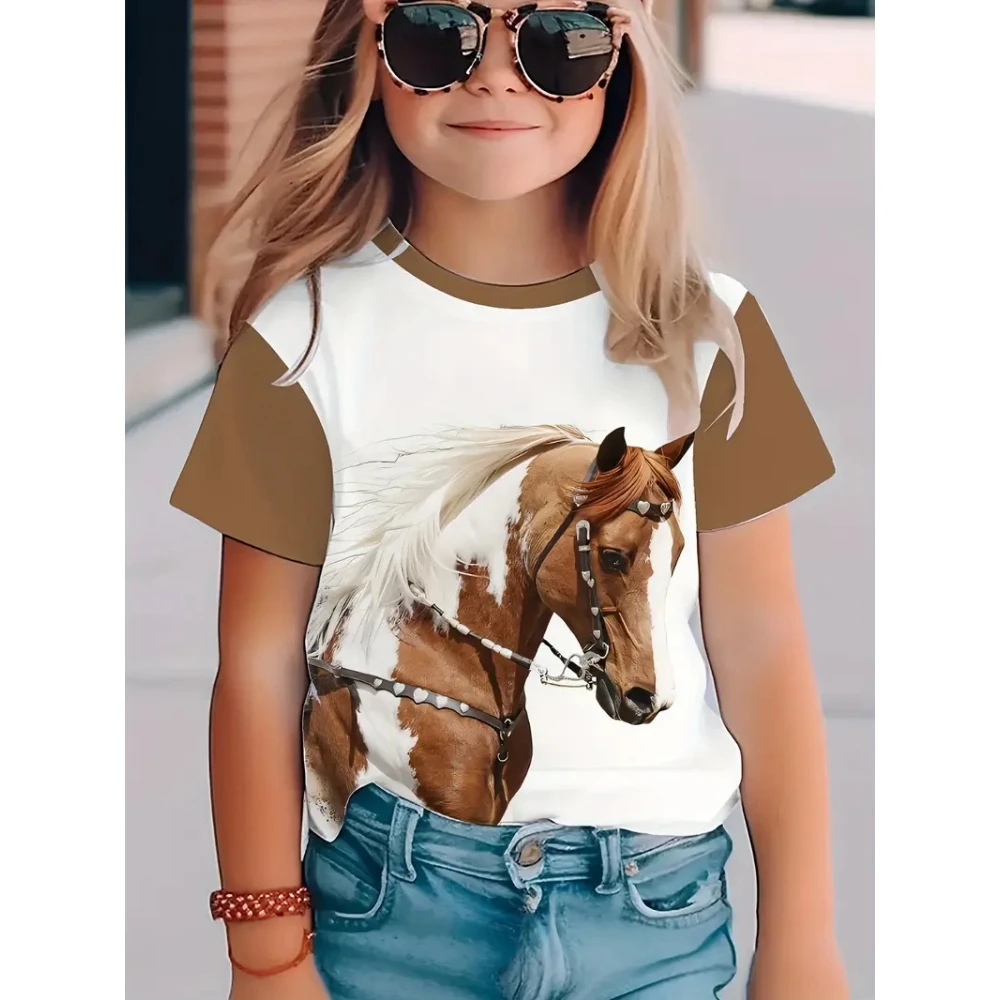 Children's Clothing Girl Cute and Funny Animal Horse 3D Print Graphic T Shirts Style Comfortable Crew Neck Top T-Shirt for Girls
