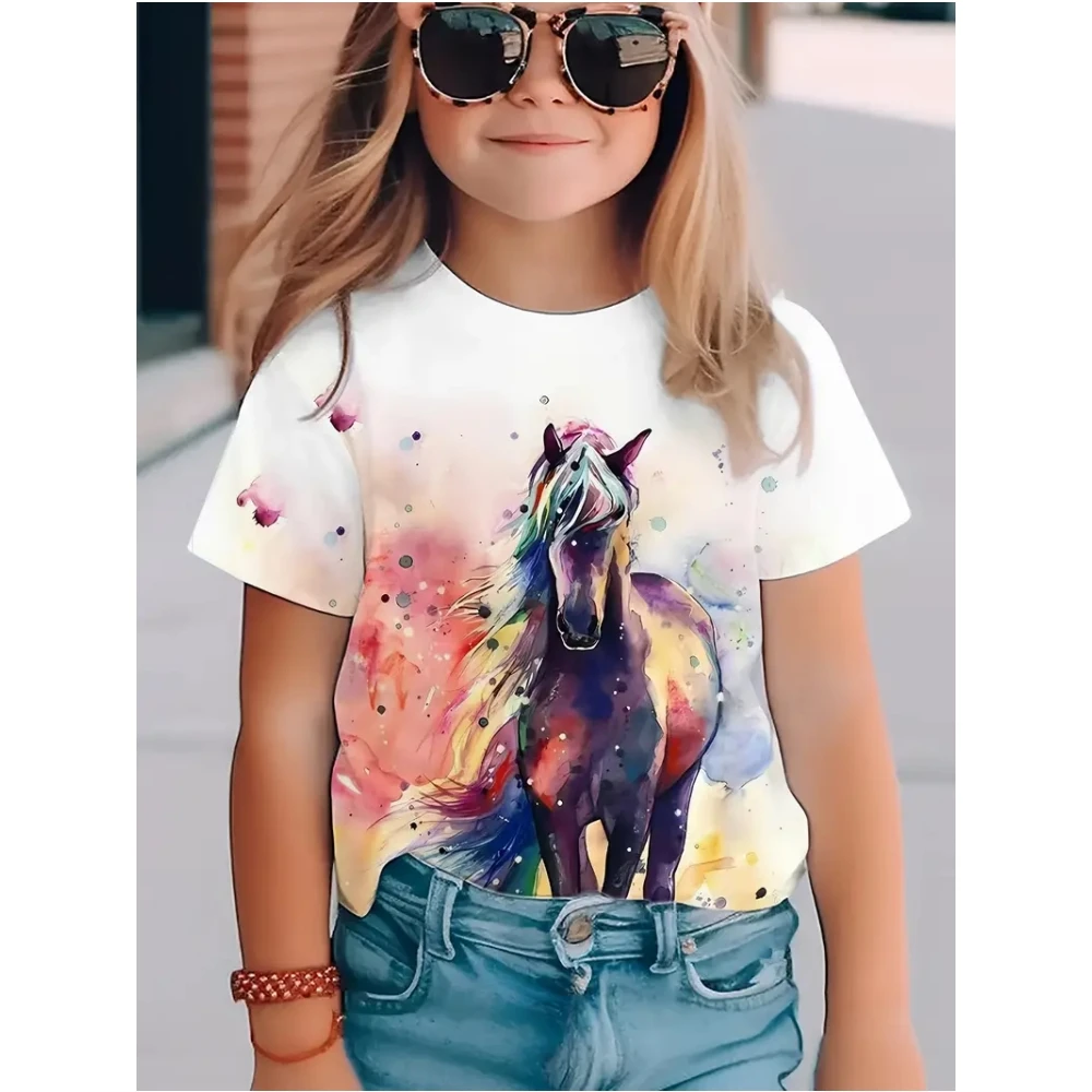 Children's Clothing Girl Cute and Funny Animal Horse 3D Print Graphic T Shirts Style Comfortable Crew Neck Top T-Shirt for Girls