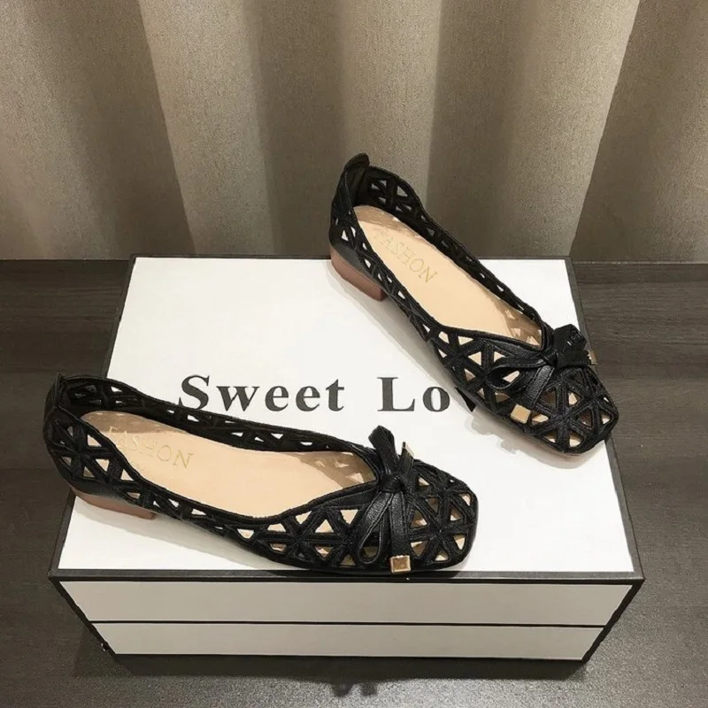 2025 New French Style Bow Flat Sandals Women Geometric Cut-Out Peep-Toe Breathable Summer Beige Shoes for Dresses