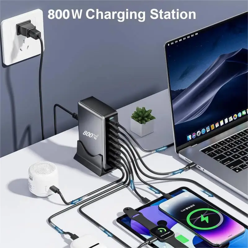 800W GaN Charger 10-Port USB C PD3.1 Fast Charging Station for iPhone 16/15 Samsung MacBook