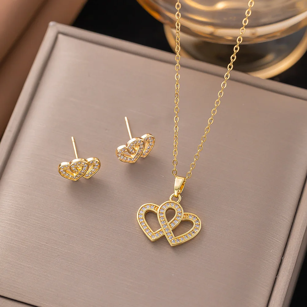Trendy 18K Gold Plated Zircon Crystal Pendant Stainless Steel Necklace Earring For Women Clavicle Chain Jewelry Lady Accessories