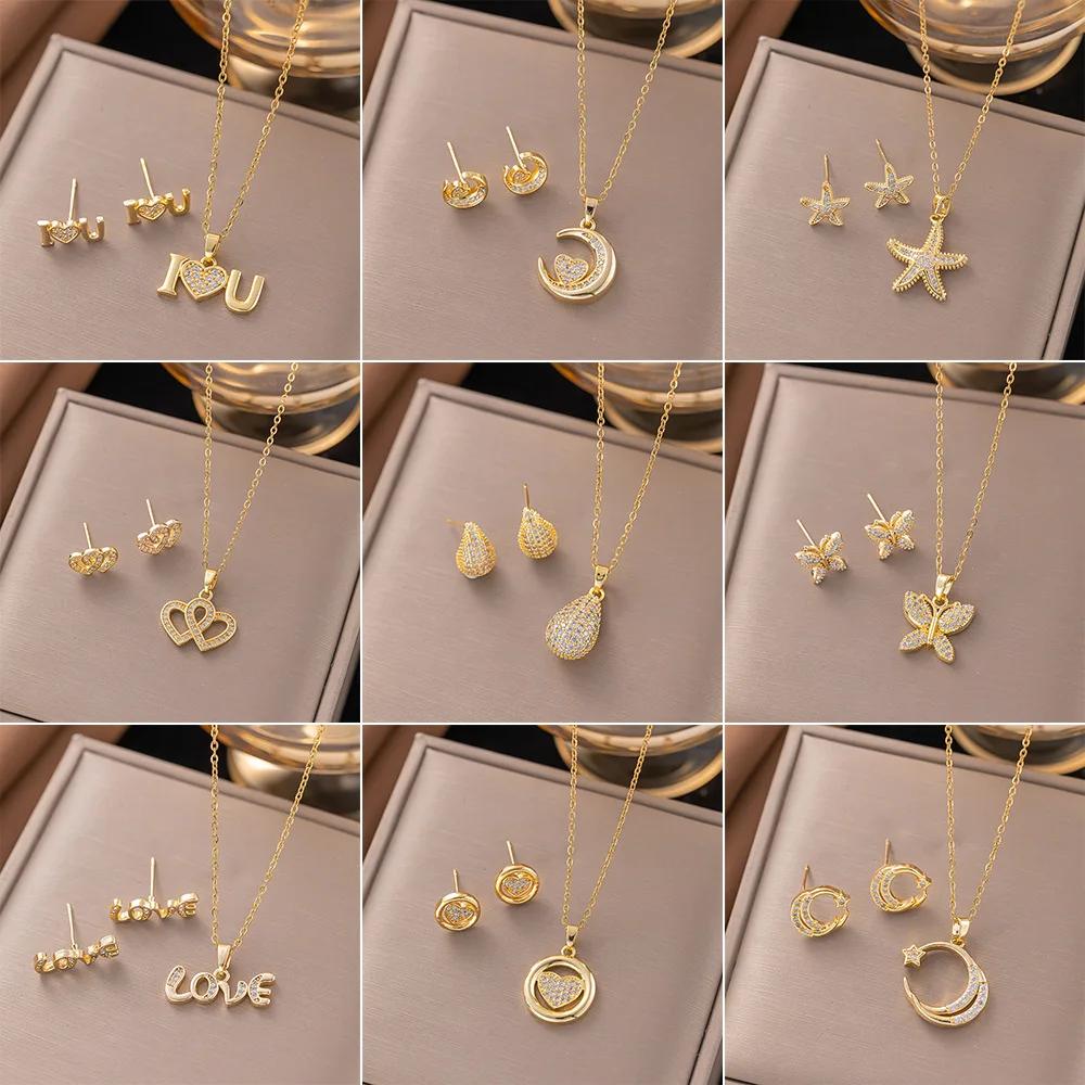 Trendy 18K Gold Plated Zircon Crystal Pendant Stainless Steel Necklace Earring For Women Clavicle Chain Jewelry Lady Accessories