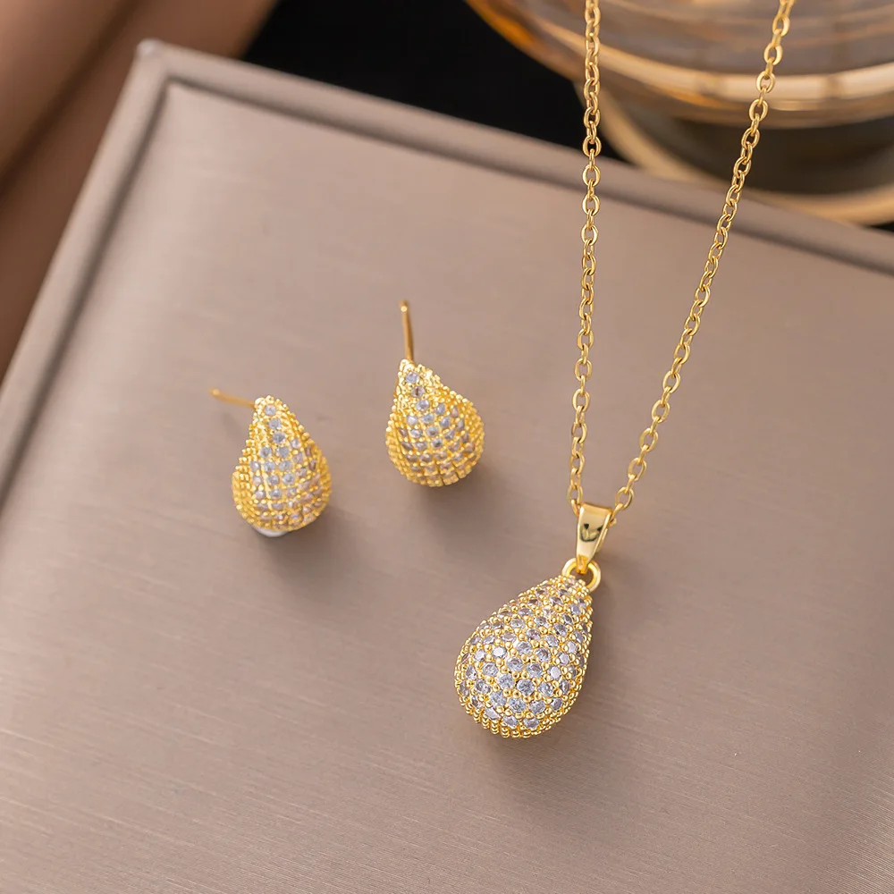 Trendy 18K Gold Plated Zircon Crystal Pendant Stainless Steel Necklace Earring For Women Clavicle Chain Jewelry Lady Accessories