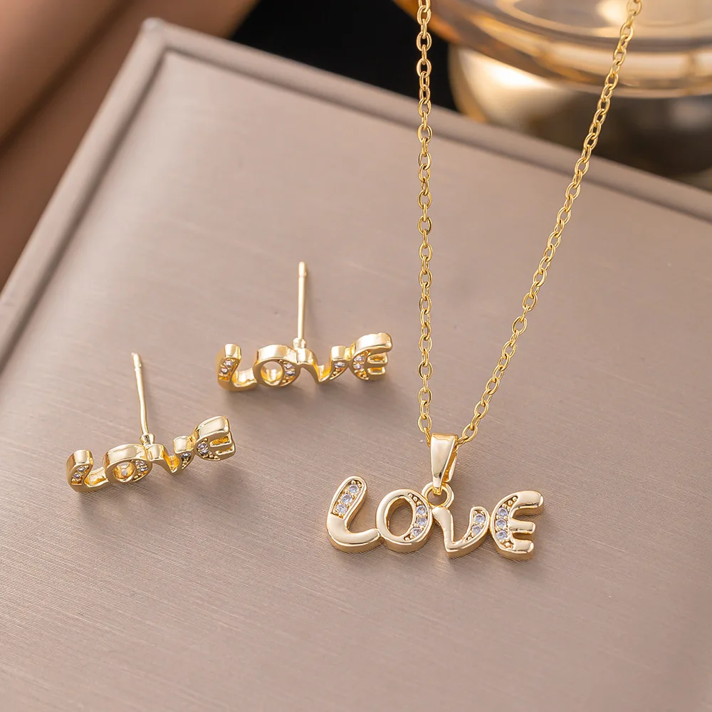 Trendy 18K Gold Plated Zircon Crystal Pendant Stainless Steel Necklace Earring For Women Clavicle Chain Jewelry Lady Accessories